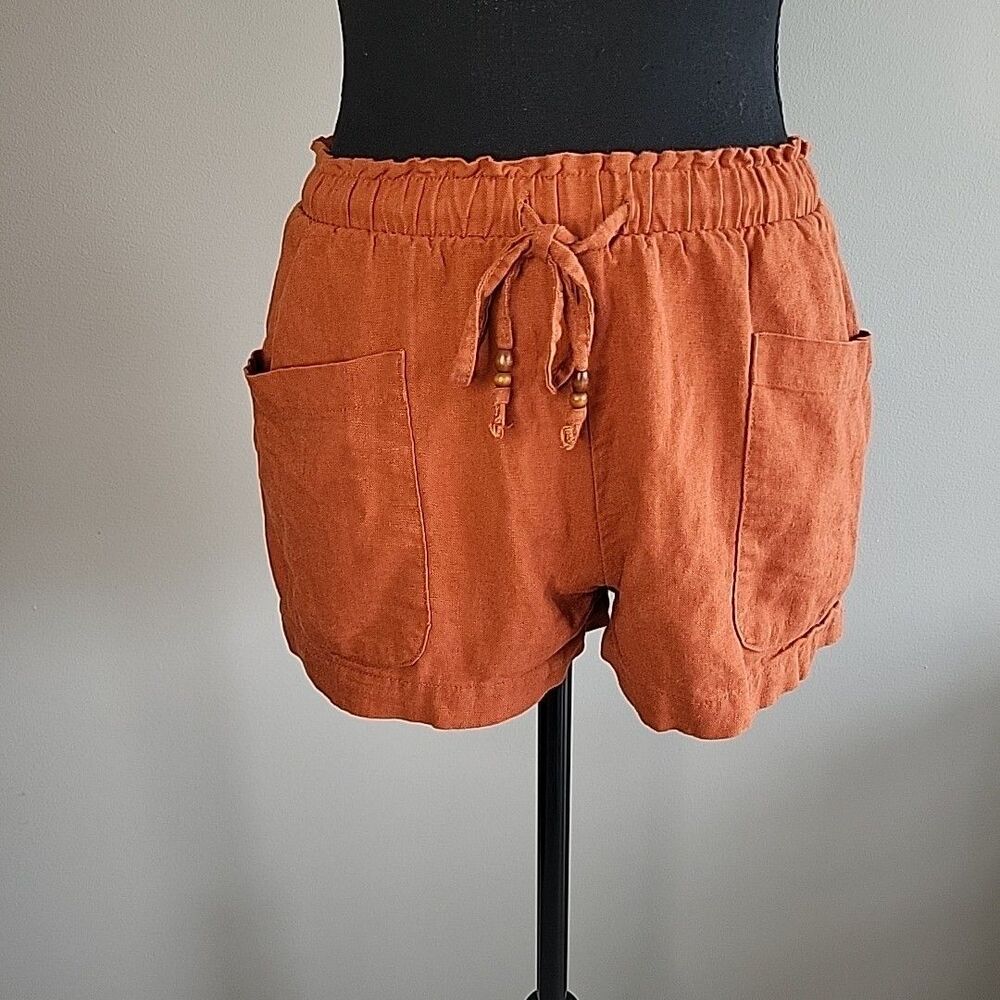 FOREVER 21 Rust Orange Linen Shorts Paper Bag Womens Soft Bead Tie SIZE SMALL